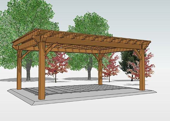 3D rendering of the Highland wooden pergola design surrounded by trees, highlighting its traditional craftsmanship